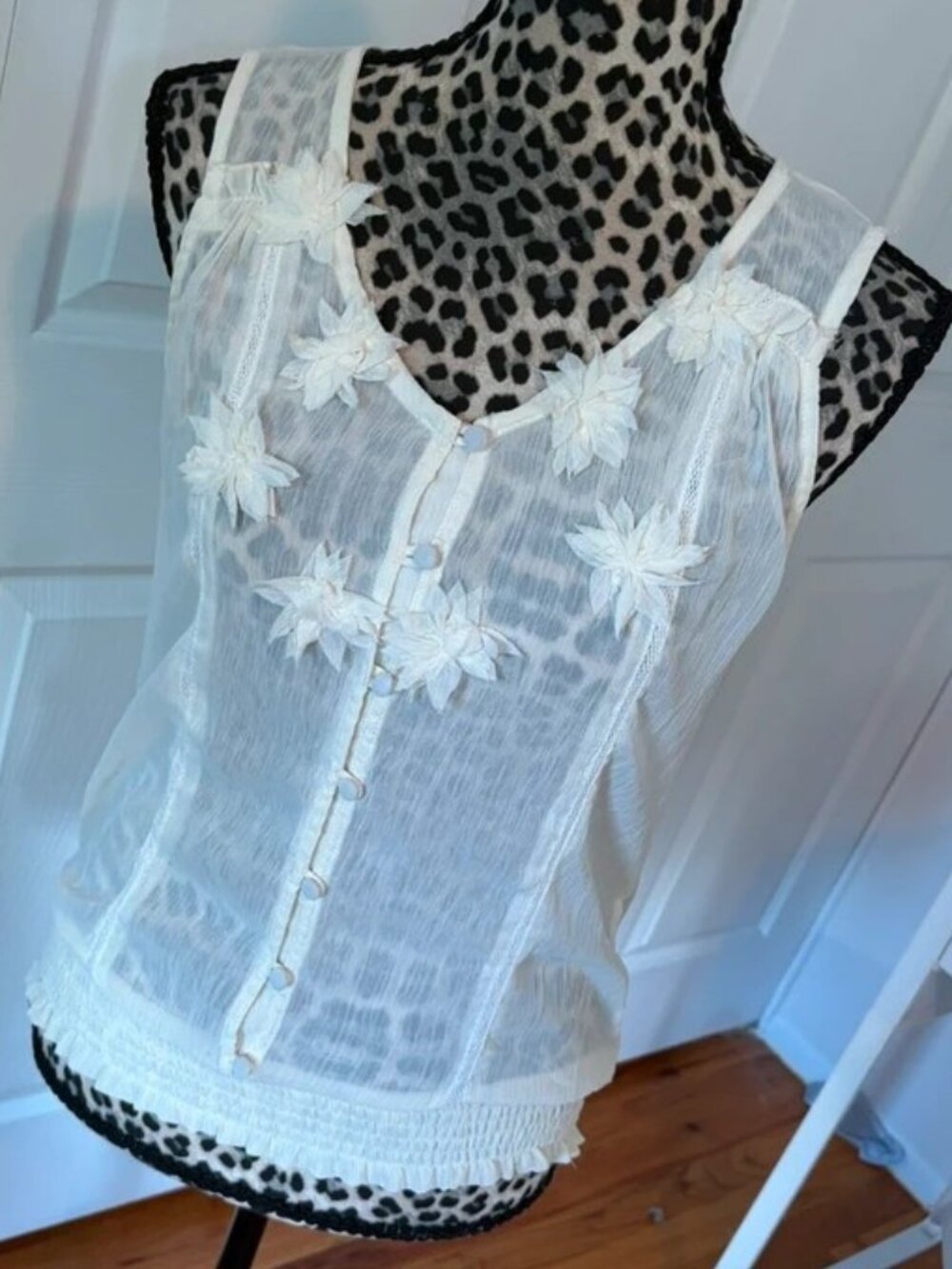 Mine Ivory Flowy Tank Top Smocked Waist Floral Applique Coquette Boho